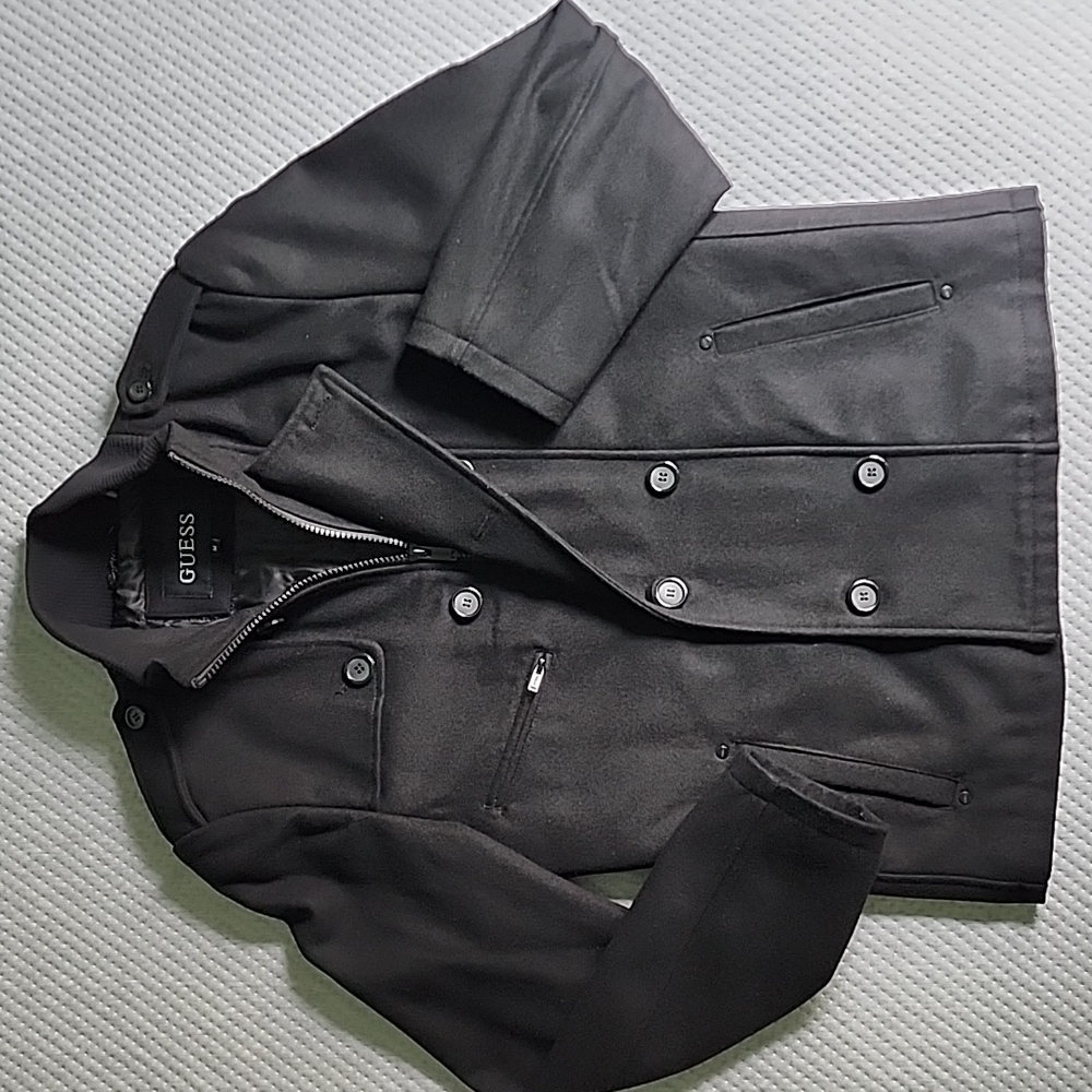 GUESS Wool blend double breasted peacoat coat jacket Black M